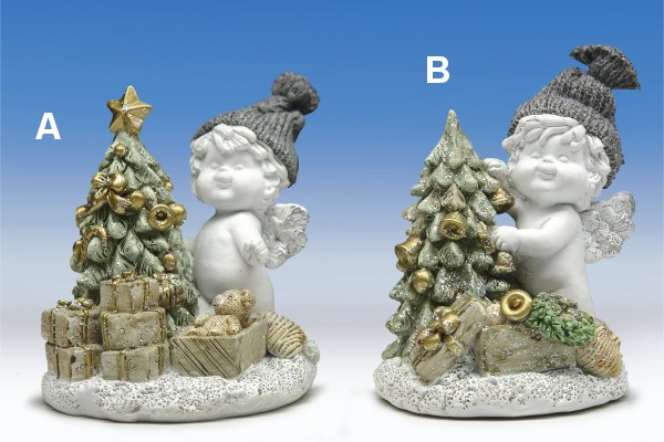 Winterengel mit Christbaum weiss-grau-coloriert H9,5 B8cm von IGOR