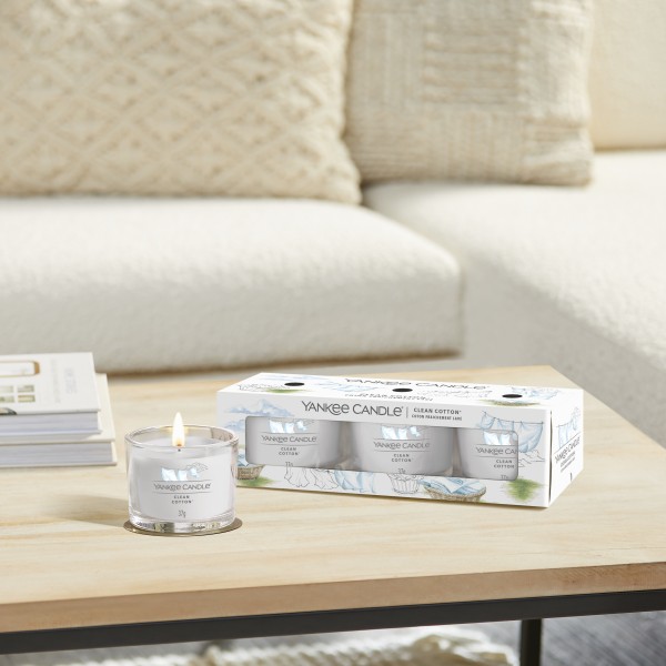Clean Cotton - 3 Votivkerzen im Glas von Yankee Candle