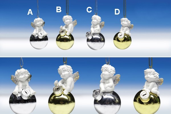 Weihnachtsengel auf Glas-Kugel hgd. weiß-gold/silber ø4 H7cm von IGOR